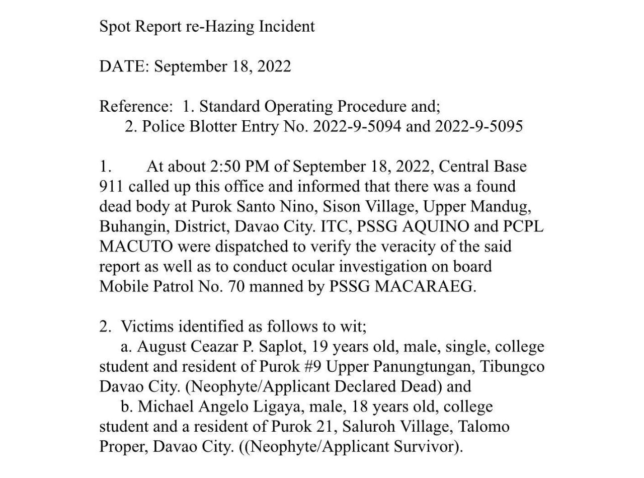 Hazing Report in Davao City